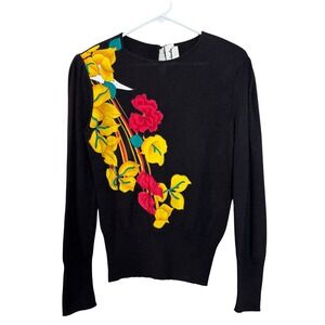 Jo Hardin Black Floral Applique Knit Sweater Pullover Women's Small Colorful 80s